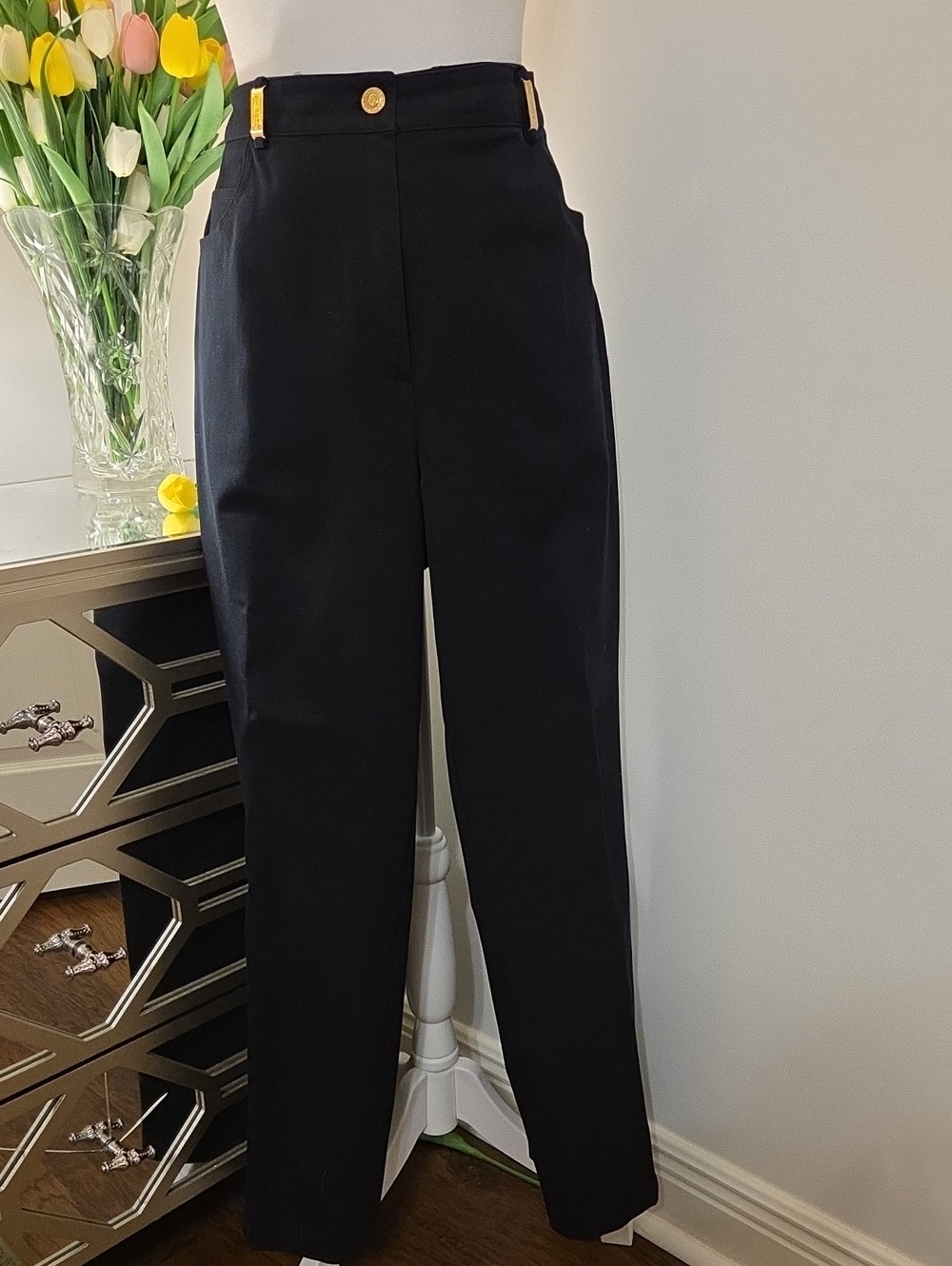 Black Straight-Leg High-Waist Pants with Gold Trim